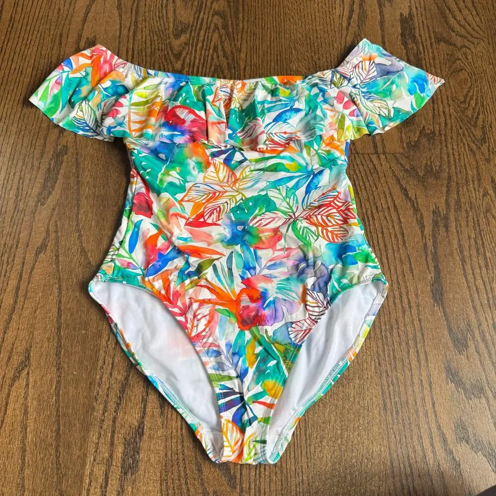 Ralph Lauren LRL Womens Off Shoulder Ruffled One Piece Swim Suit Floral Size 10